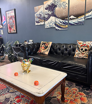 a couch in a tattoo shop in Ocala, FL